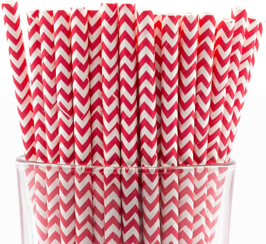 Pack of 300 Red Chevron Biodegradable 4-Ply Paper Drinking Straws (Compostable, Non-toxic, BPA-free)