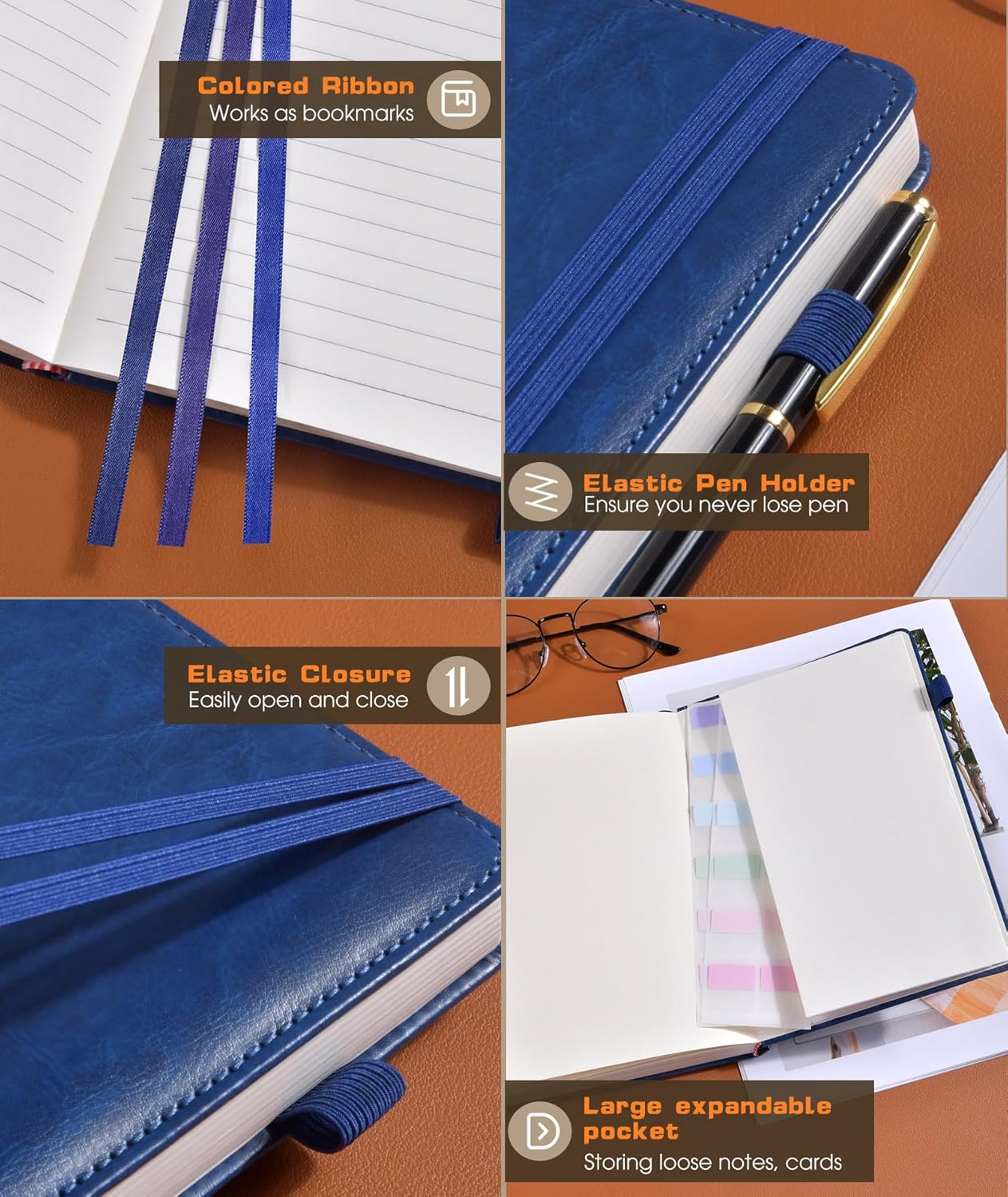 Lined Journal Notebook for Women Men, 256 Numbered Pages Hardcover Leather Journals for Writing, A5 Journaling Notebooks, College Ruled Journal for Business Work School 5.75" x 8.38" Navy Blue