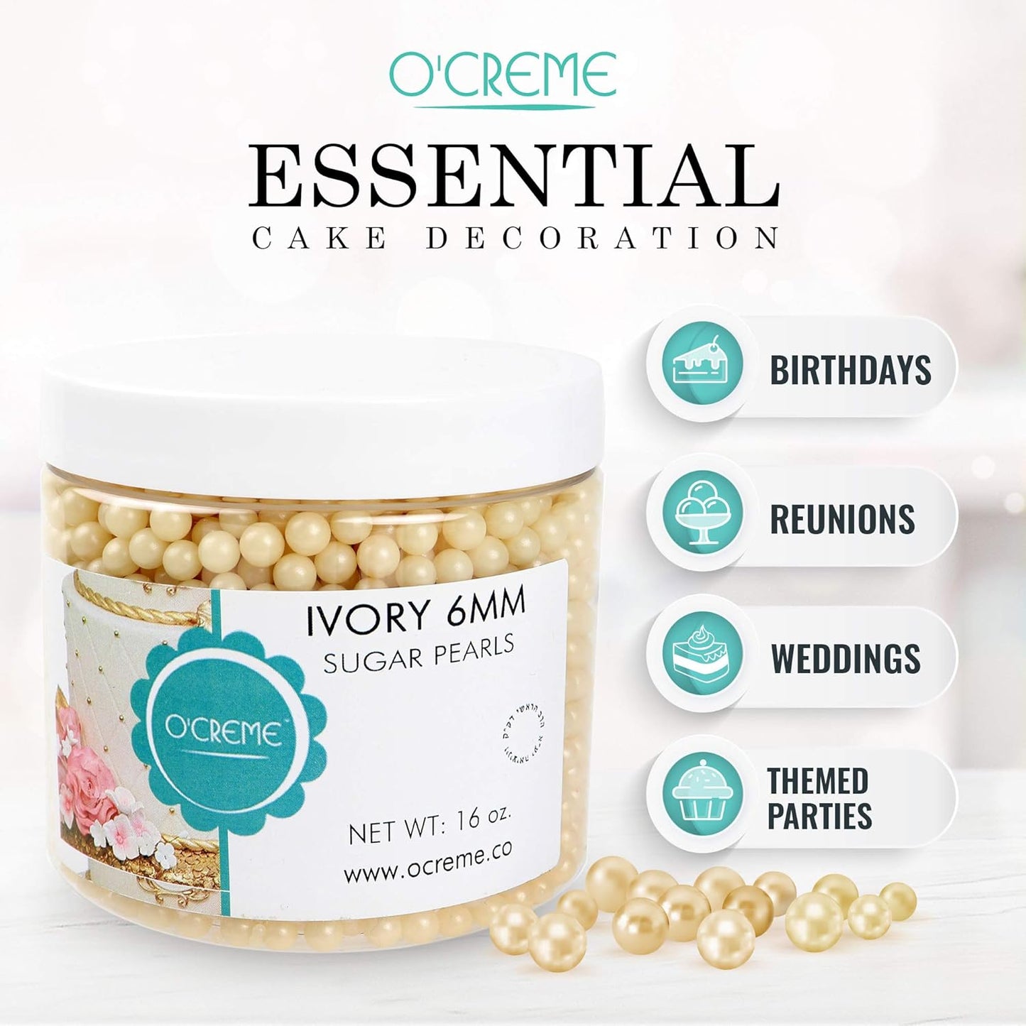 O'Creme Ivory Edible Sugar Pearls Cake Decorating Supplies for Bakers: Cookie, Cupcake & Icing Toppings, Beads Sprinkles For Baking, Certified, Candy Sugar Ball Accents (5mm, 32 oz)