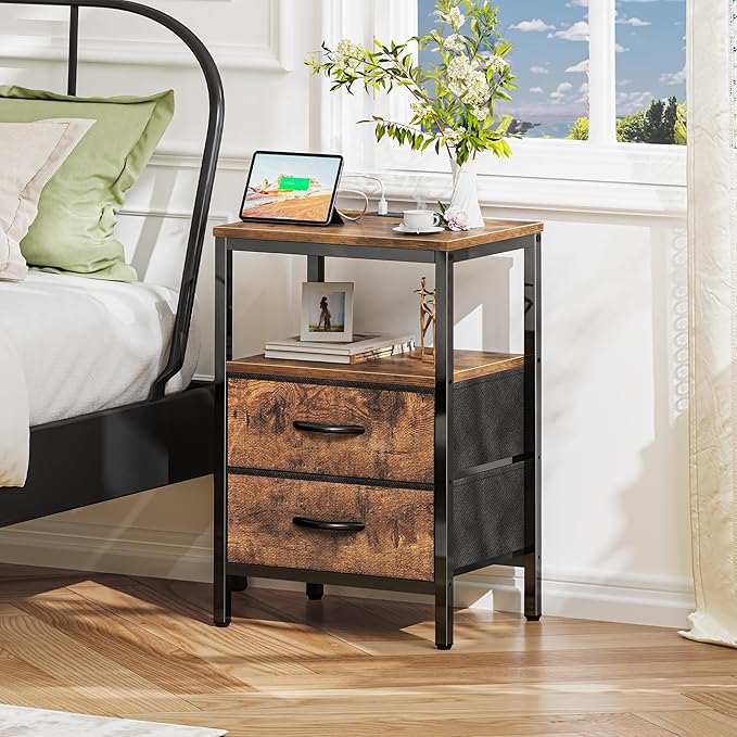 Huuger Nightstand with Charging Station, Fabric Drawers, End Table with Open - Image 2