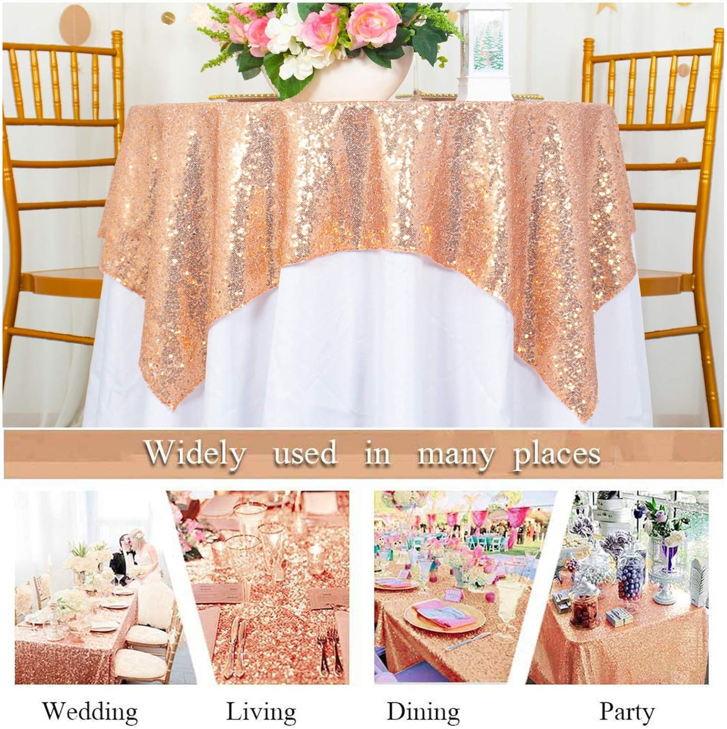 ShinyBeauty Rose Gold Tablecloths 36X36 Inch, 2 Pieces Sequin Table Cloth for Party Sparkle Table Cloth Square Rose Gold Shimmer Table Overlay Small Tablecloth Linen for Wedding, Birthday Tables