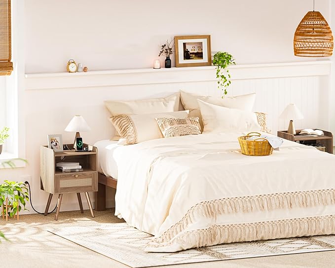 SUPERJARE Nightstand with Charging Station & Rattan-Like Decor Drawer, Rattan - Image 9