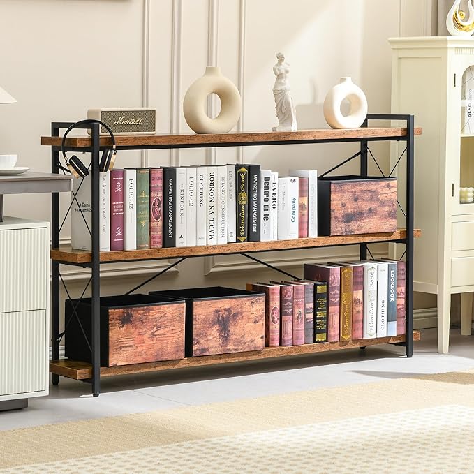 HCHQHS Bookshelf, 3-Tier Long Industrial Bookcase, Rustic Open Book Shelf - Image 7
