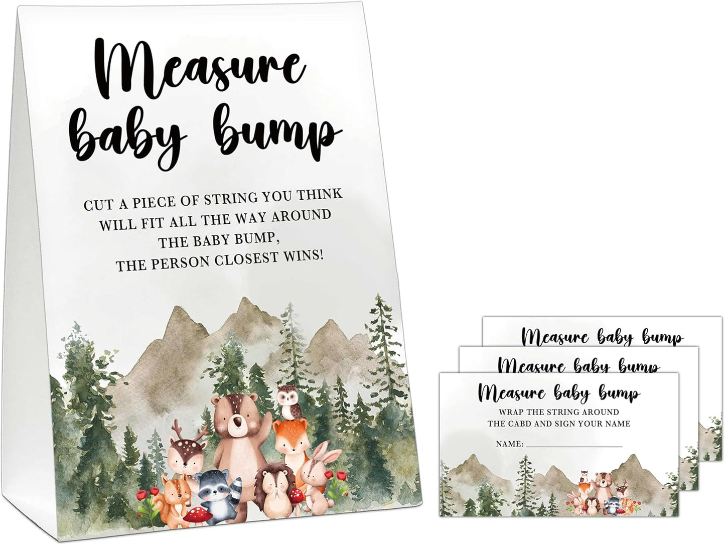 Woodland Baby Shower Game: Jungle Animal Safari Measure Baby Bump, 1 Standing Sign with 50 Cards for Gender Neutral Shower - A02