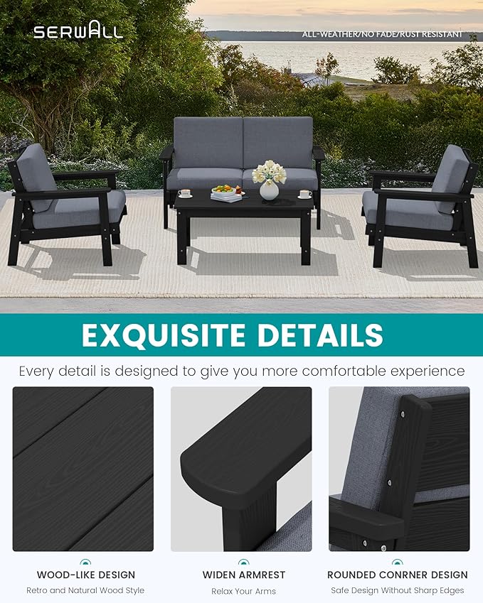 SERWALL HDPE Outdoor Furniture Set, 2 Piece All Weather Wood-Like Outdoor Sofa - Image 4