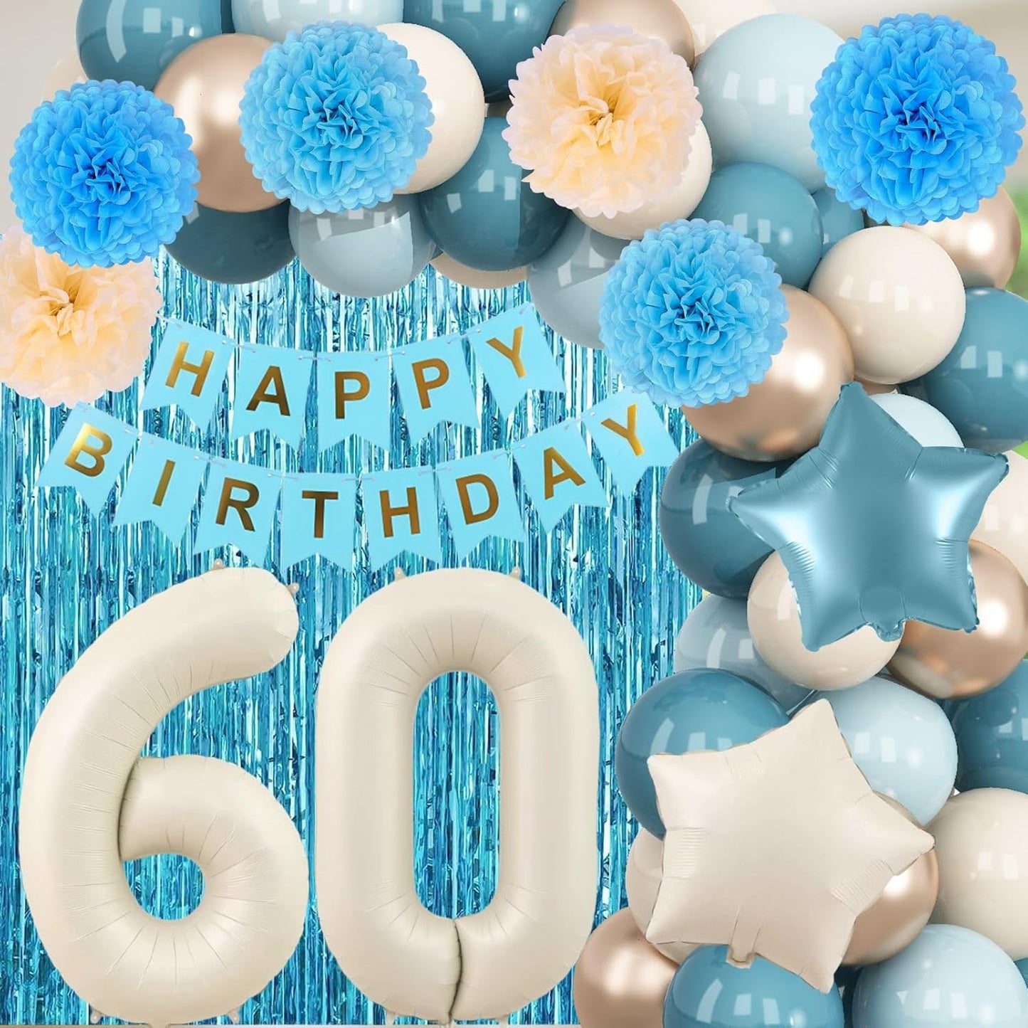 Dusty Blue 60th Birthday Party Decorations for Women Men Beige Cream Number 60 Balloon with Blue Gold Happy Birthday Banner Fringe Curtain Paper Pom Poms Nude White Sand Champagne Star Foil Balloons