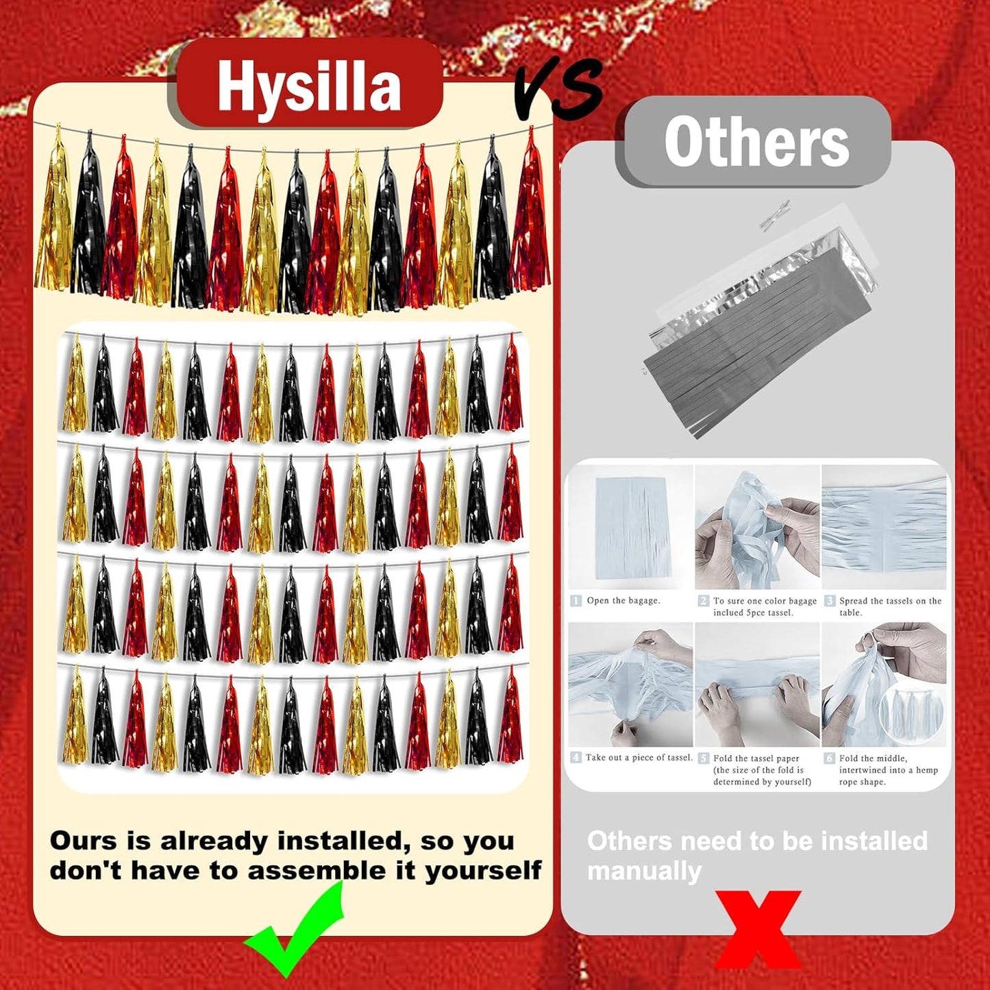 8P Black-Red Gold Foil Fringe Metallic Tassel Garland, Tassels Banner Streamers for Parade Floats, Bachelorette, Wedding, Birthday, Halloween, Christmas, Bridal/Baby Shower Party Decorations