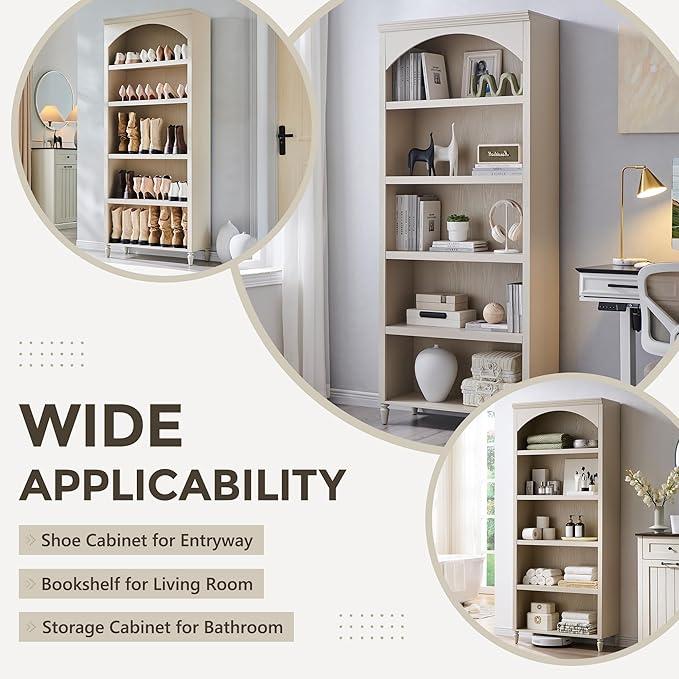 IFGET 76" Tall Arched Bookcase, Farmhouse 5 Tiers Large Arched Bookshelf Cabinet - Image 4