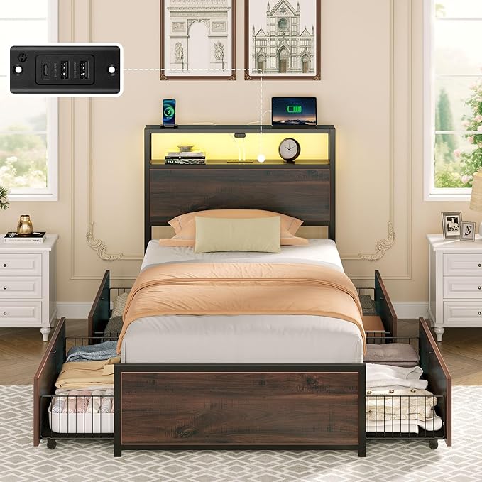 Rolanstar Twin Bed Frame with 4 Storage Drawers & 2-Tier Storage Headboard - Image 8
