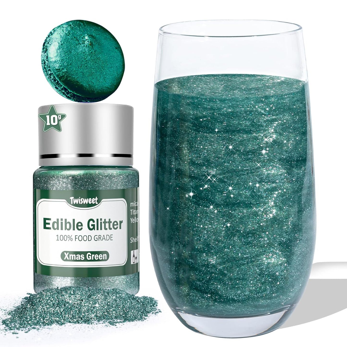 Twisweet Christmas Green Edible Glitter for Drinks, Food Grade 10g Sparkling Sprinkles Cake Decorating Supplies, Edible Luster Dust for Cocktail Beverages, Food Coloring Shimmer Powder for Cupcakes Cookies Cake Decorations