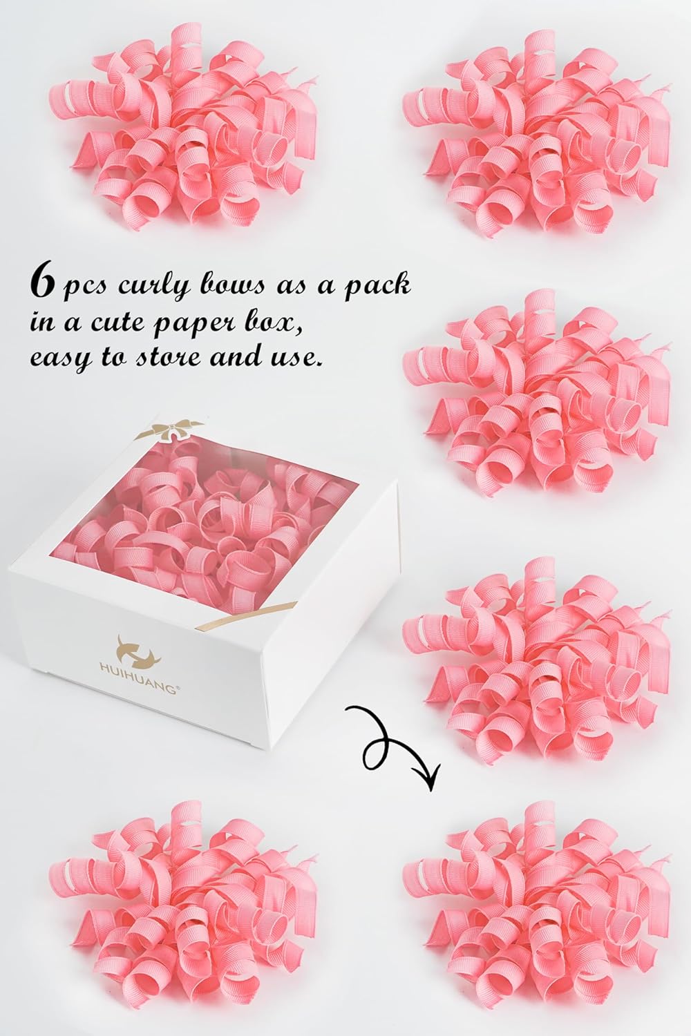 HUIHUANG Pink Bows for Gift Wrapping, Pink Curly Ribbon Bows Self Adhesive Burst Gift Bow for Presents, Wine Bottle, Treat Bags, Wrap Accessories, Bridal Shower Wedding Party Favor - 6 Counts