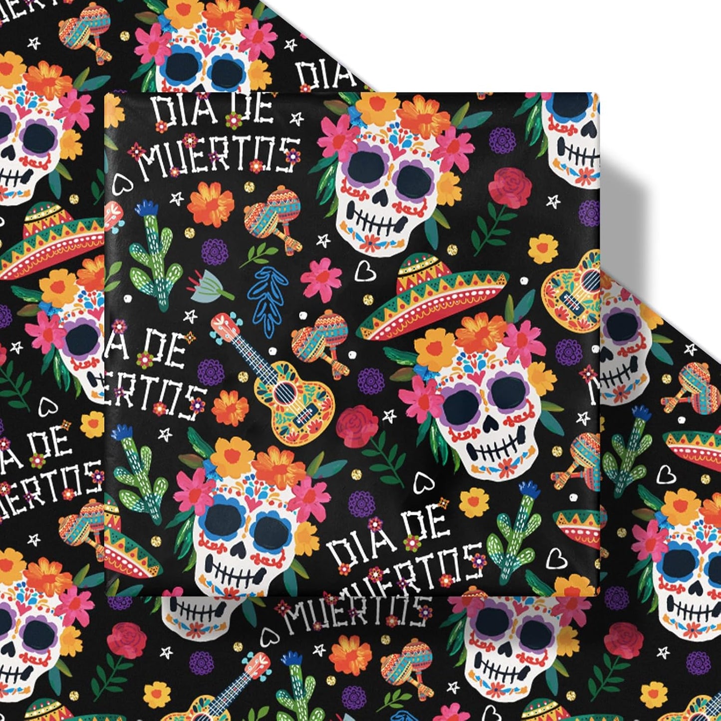 LeZakaa Day of the Dead Wrapping Paper Roll, Colorful Sugar Skulls Maracas Flowers Sombreros Design, Día de Muertos Gift Wrap in Black, Mini Roll 17 in x 16.4 Ft