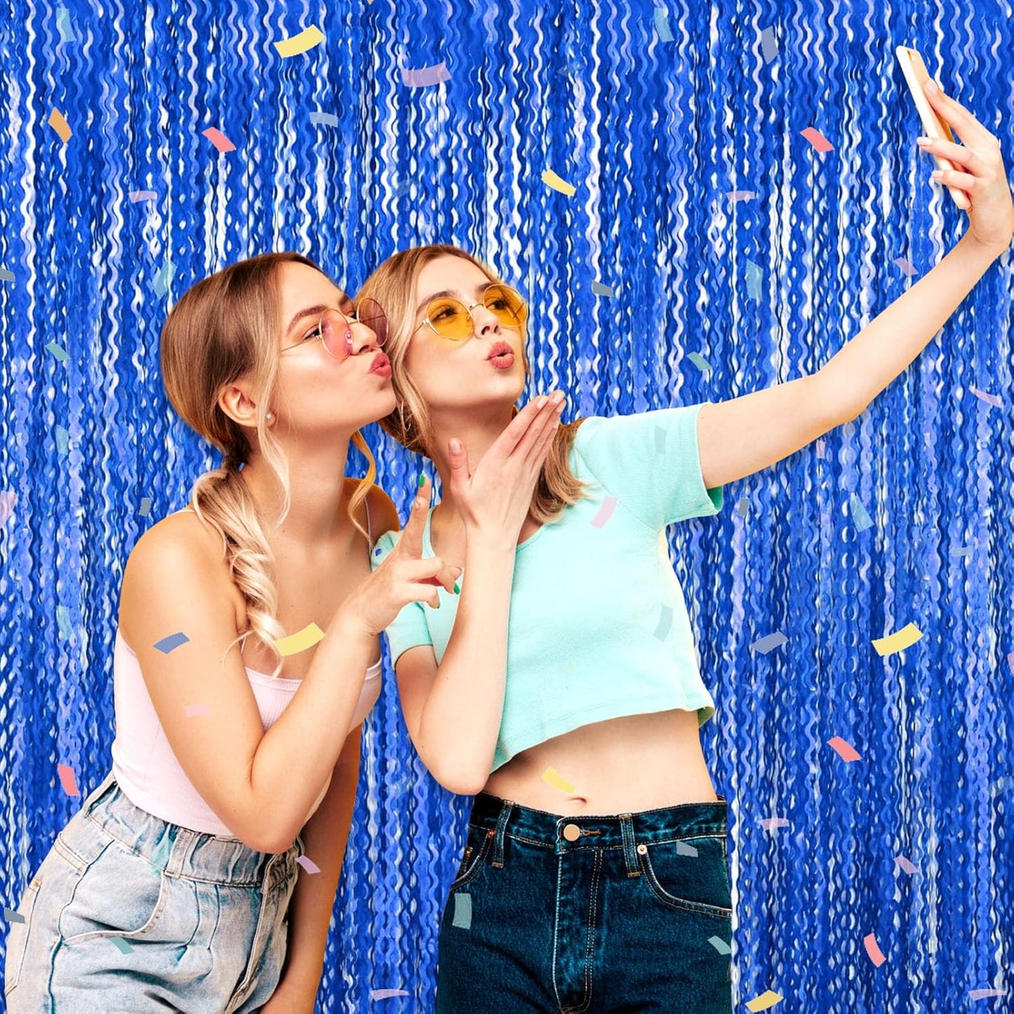 4 Pack Blue Wave Foil Fringe Curtain Backdrop, 3.28Ft x 8.2Ft Metallic Tinsel Foil Fringe Streamer Curtains for Photo Booth, Mother's Day, Easter, Birthday, Wedding Party Decoration