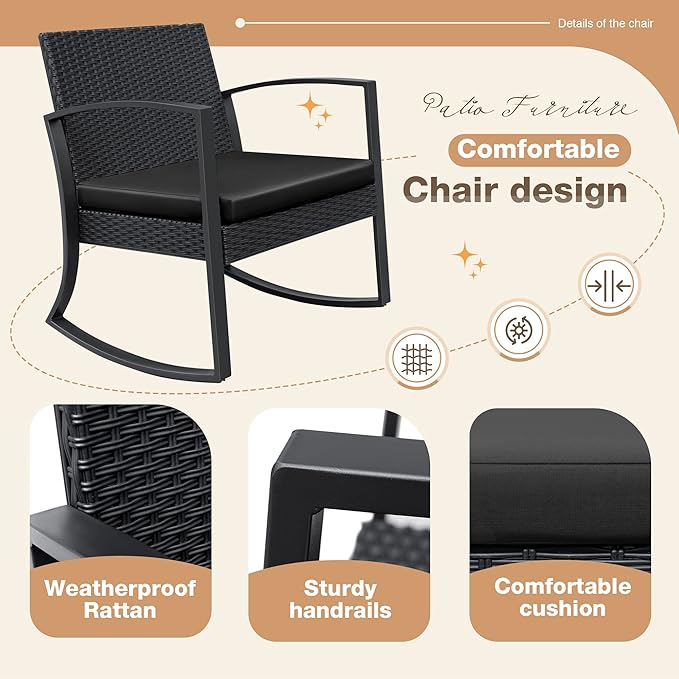Greesum 3 Pieces Outdoor Furniture Set Patio Bistro Rocking Chairs - Image 6