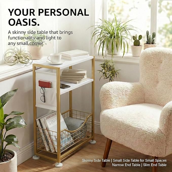 Skinny Side Table with Storage, 3 Tier Slim Side Tables - Image 7