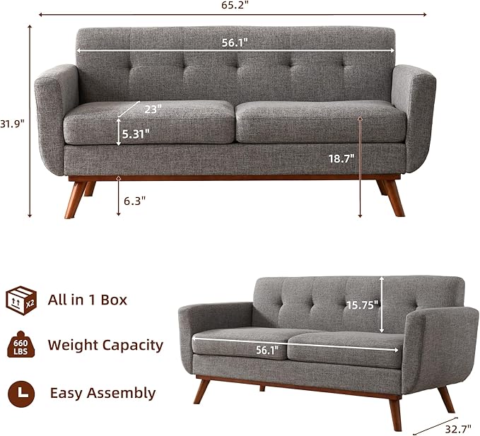Kingfun 65.2" W Loveseat Sofa, Mid Century Modern Decor Love Seat Couches - Image 2