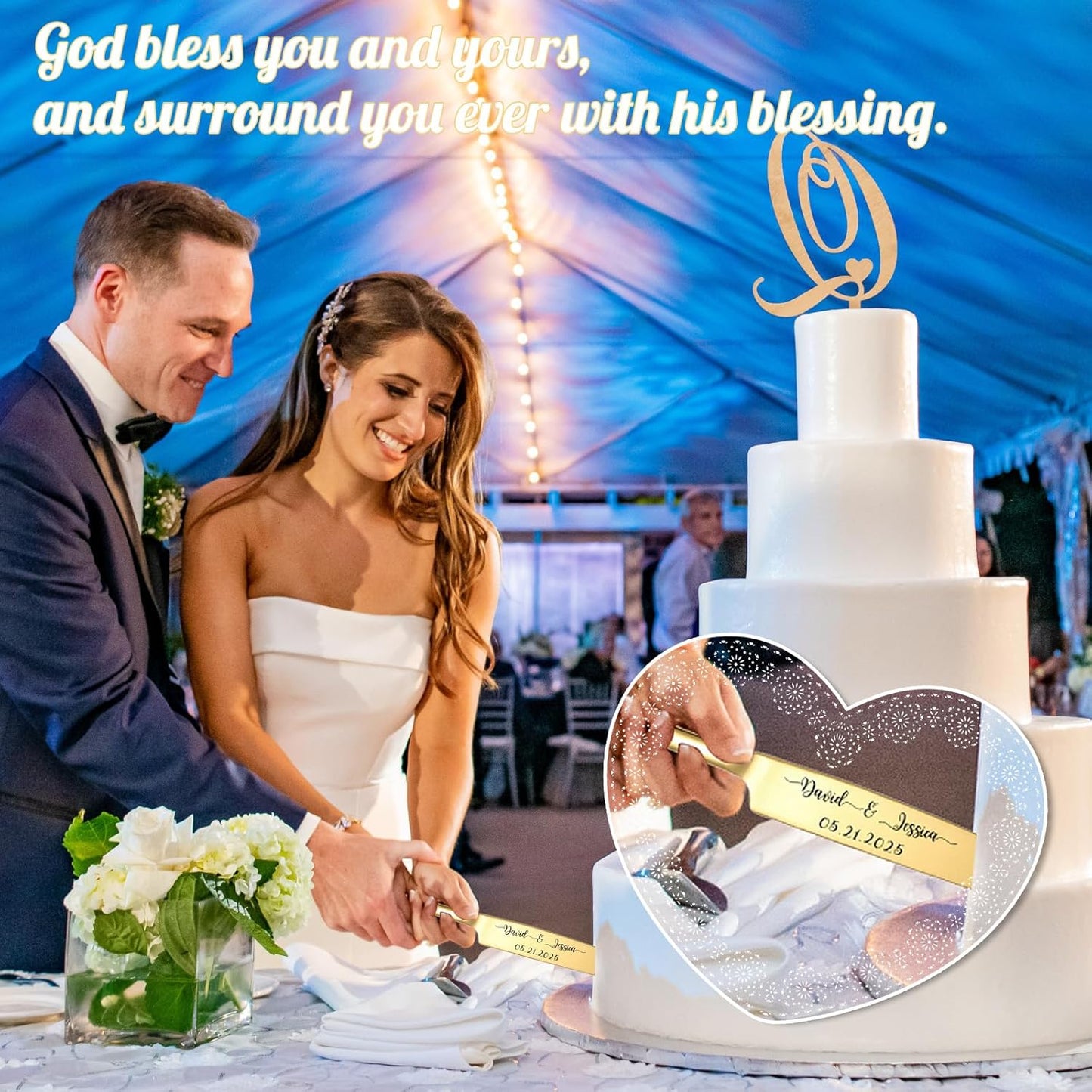 Custom Wedding Cake Knife and Server Set Personalized Cake Cutter with Engraved Text Bridal Cake Cutting Set with Gift Box for Weddings Anniversary Birthday (Gold - with fork)