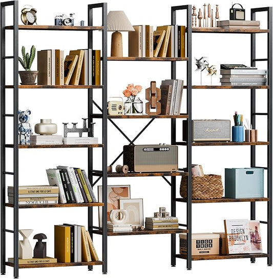 Shintenchi Triple Column 5 Tier Bookshelf, Industrial Large Bookcase Display by Shintenchi%7CFurnitureMadeforRealLife