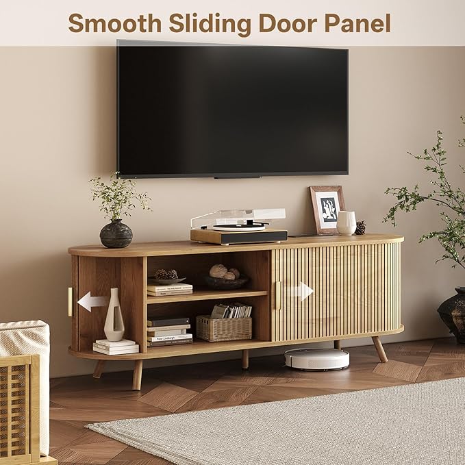 55 inch TV Stand with Power Outlet, Fluted Entertainment Center - Image 3