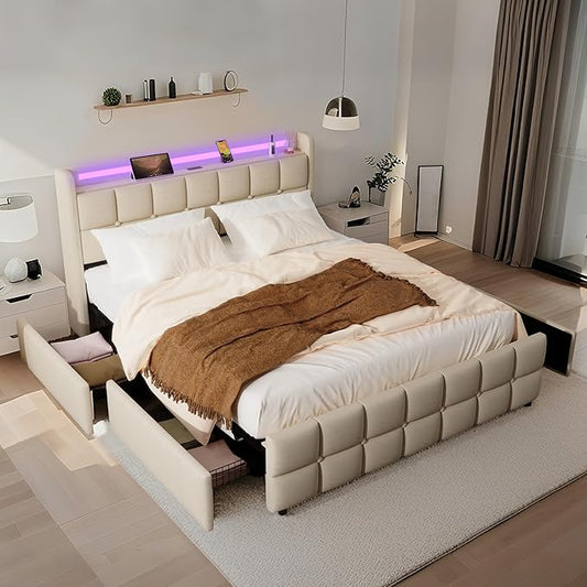 Queen Size Bed Base with Multiple Color LED Lighting, Linen Upholstered Bed by BIOEVER