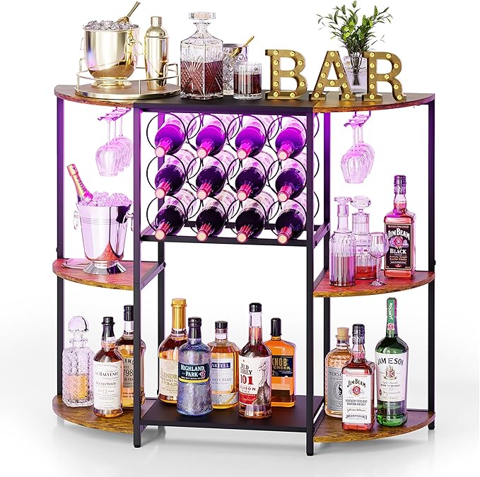 JKsmart Wine Bar Cart with LED Lights, Mini Wine Rack with Storage and Glass by JKsmart
