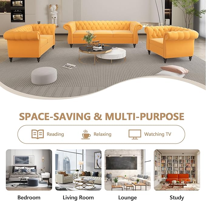 QHITTY 3 Piece Living Room Set, Sectional Chesterfield Sofa Chair Contemporary - Image 6