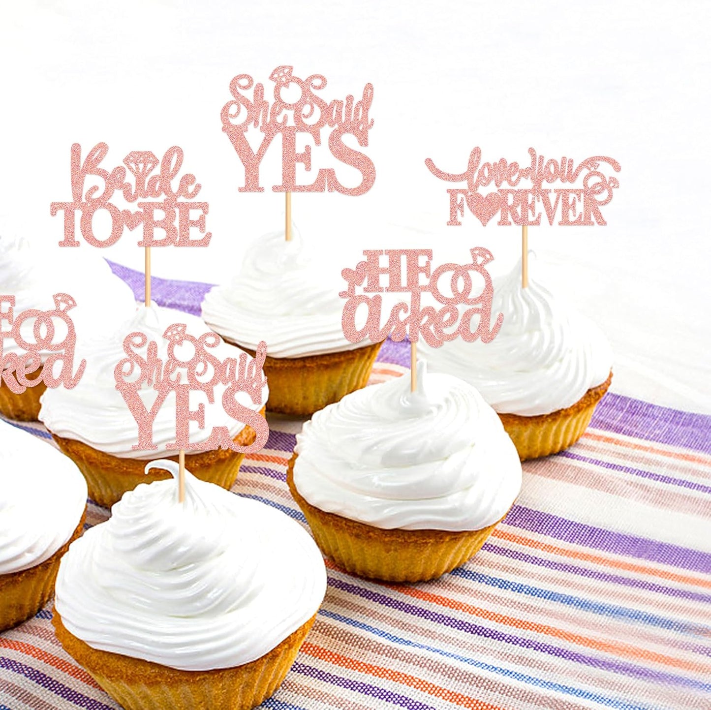 24 Pcs He Asked She Said Yes Cupcake Toppers Cake Picks for Wedding Engagement Party Cake Picks for Wedding Bridal Shower Party Cake Decorations Rose Gold
