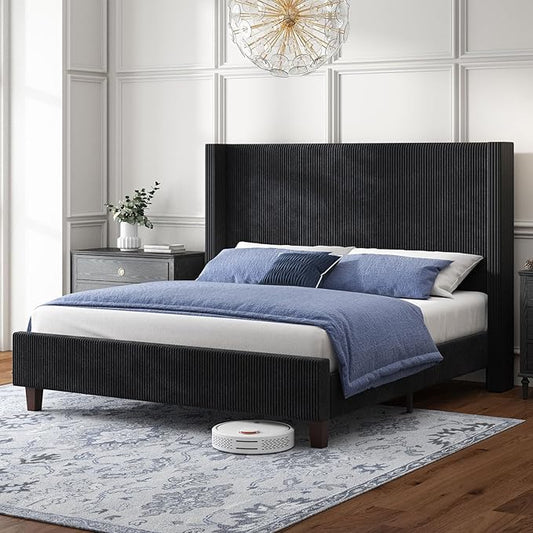 HOWE Queen Size Bed Frame with 50.8" Tall Wingback Headboard, Modern Corduroy by HOWE
