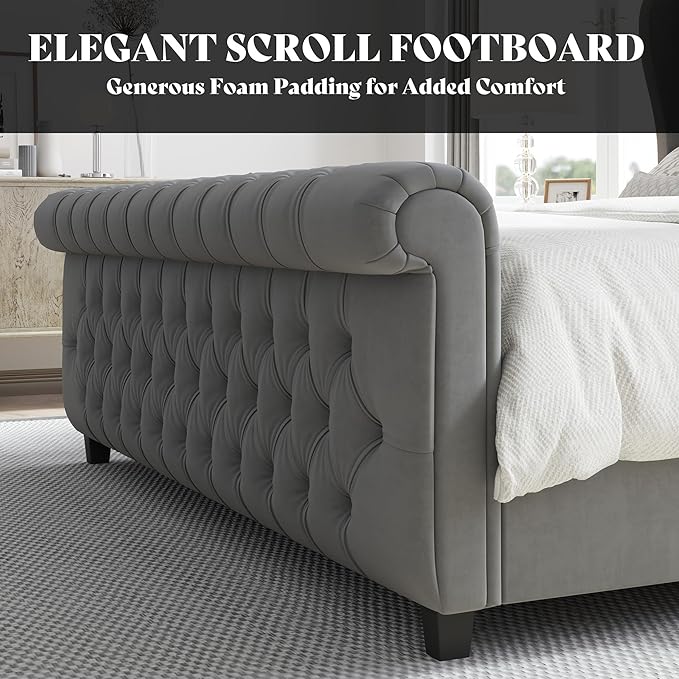 AMERLIFE California King Size Platform Bed Frame, Velvet Upholstered Sleigh Bed - Image 5