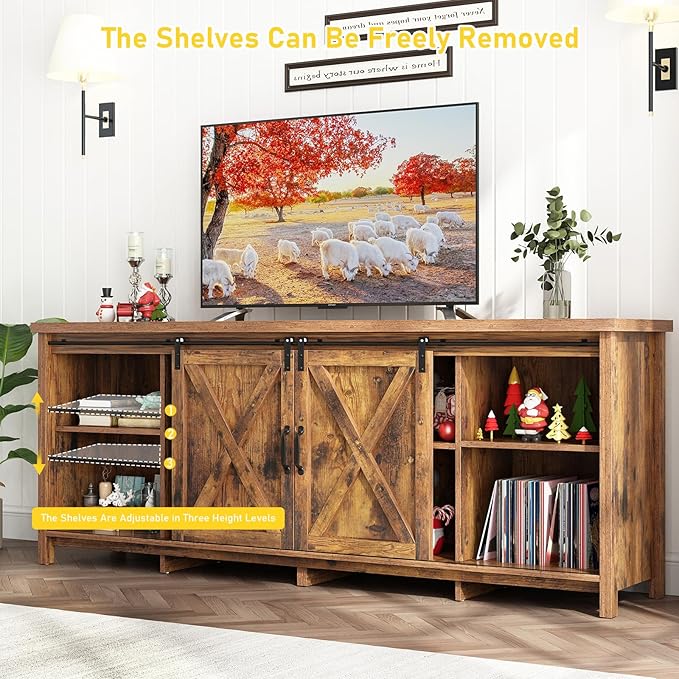 70" Farmhouse TV Stands for 70 75 80inch TV w/Adjustable Shelves, Sliding Barn - Image 5