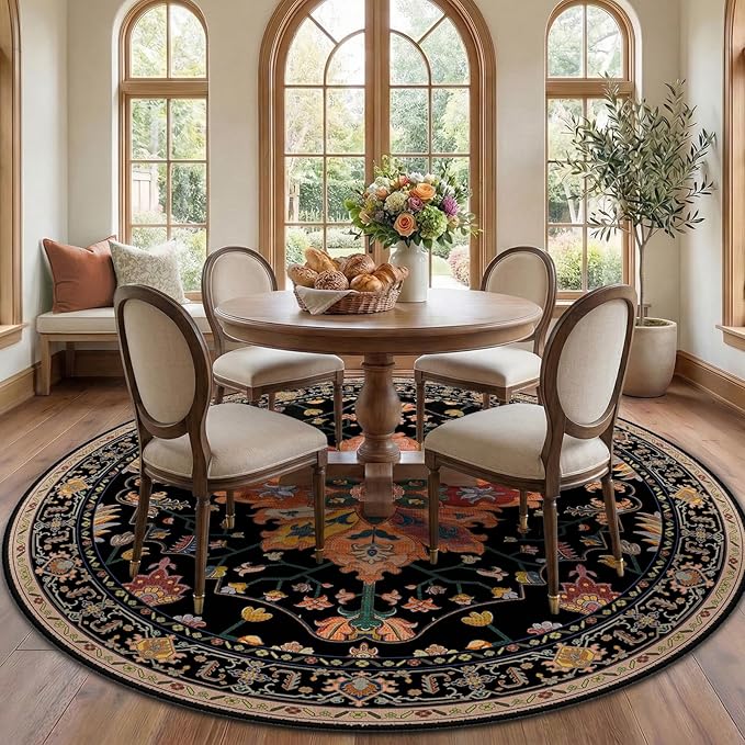 RELEANY Area Rugs Round 7ft Washable Non-Slip, Floral Vintage Distress Print by RELEANY