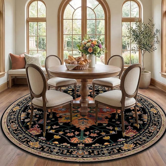 RELEANY Area Rugs Round 7ft Washable Non-Slip, Floral Vintage Distress Print by RELEANY