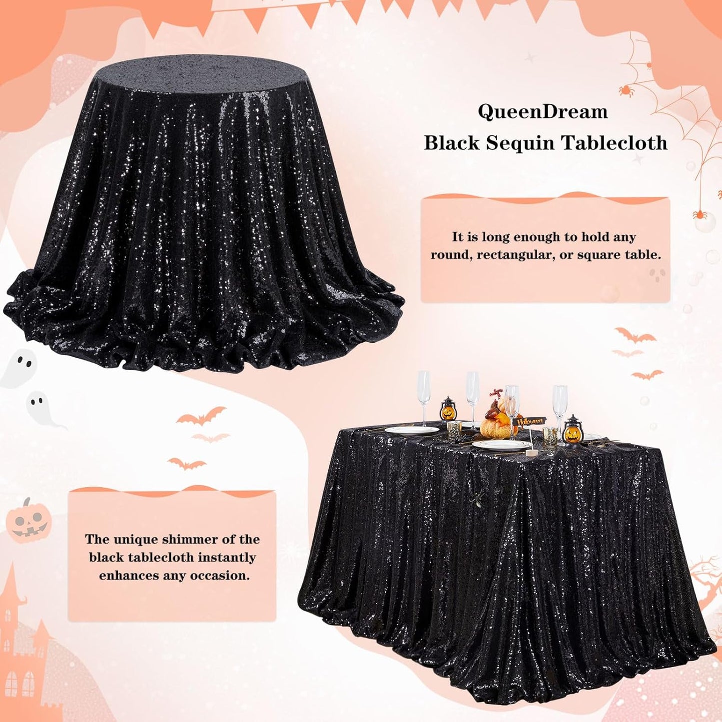 QueenDream Seamless Sequin Tablecloth 90x132 Inch Black Rectangular Tablecloth for Christmas Wedding Birthday Halloween