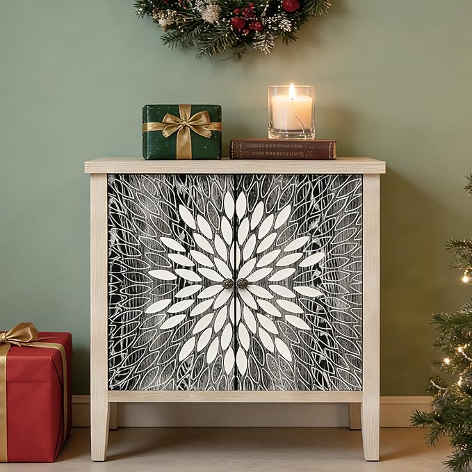 Black Accent Furniture, 32 Inch Wide 2-Door Carved Geometric Sideboard Buffet by mixtavie