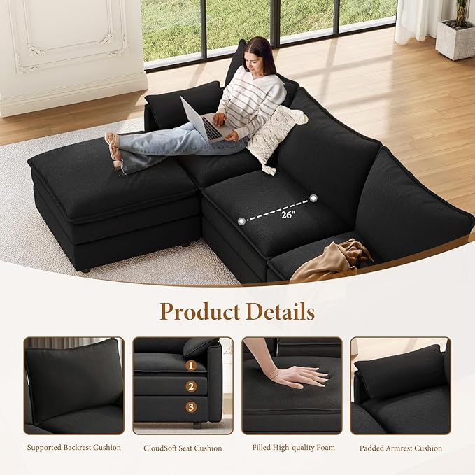 Vesgantti 142" U Shaped Sectional Couch, Comfy Cloud Modular Sectional Sofa - Image 3