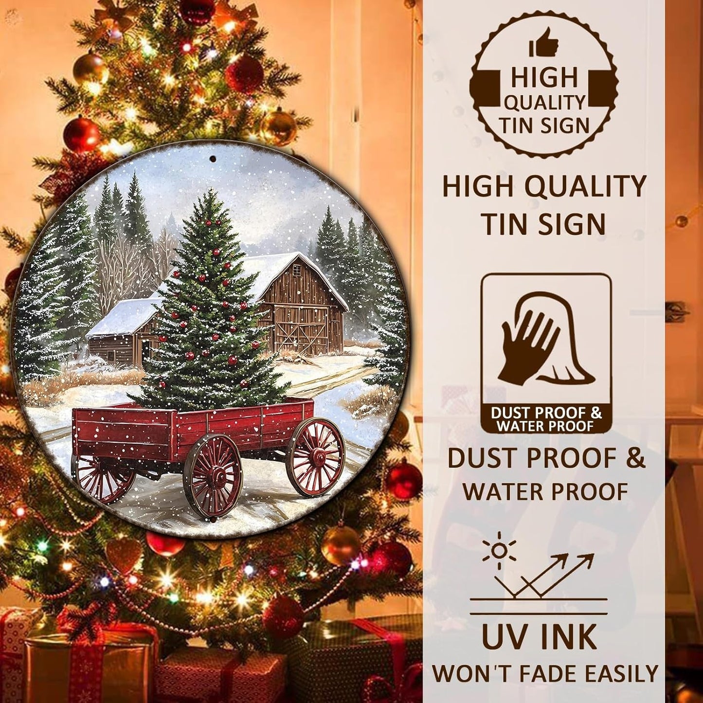 Round Barn Christmas Trees Metal Tin Sign Christmas Vintage Tin Sign Poster For Kitchen Cafe Bar Farmhouse Home Wall Decor Art Winter Decoration 8 * 8 in