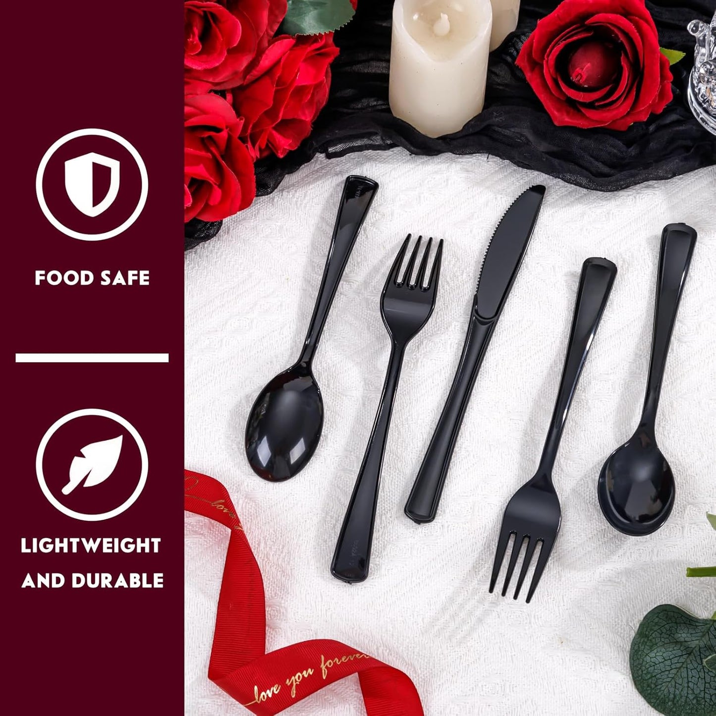 Supernal 300 Pieces Black Plastic Silverware Disposable Cutlery Black Disposable Silverware Heavy Duty Plastic Cutlery Set 100 Forks 100 Knives 100 Spoons for Wedding Party Supplies Everyday Use