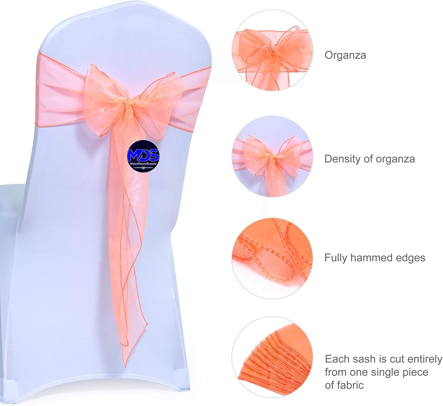 MDS Pack of 100 PCS Organza Chair Sashes Wider Dining Chair Bows Ribbon Tie Back for Wedding Party Birthday Bridal Shower Reception Event Banquet Home Chair Cover Decoration - Light Orange