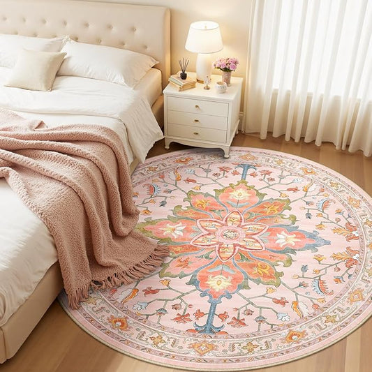 RELEANY Area Rugs Round 6ft Washable Non-Slip, Floral Vintage Distress Print by RELEANY
