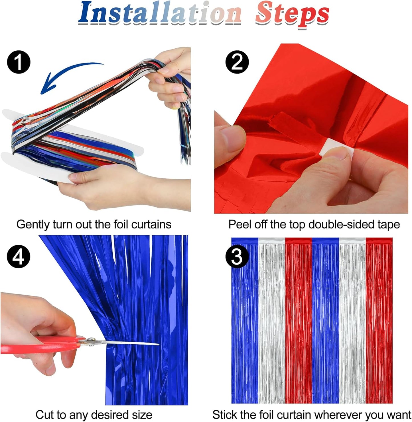 8 Pack 4th of July Photo Backdrop, 3.28 FT x 7.08 FT Fourth of July Decorations, Metallic Blue Silver Red Patriotic Tinsel Backdrop Foil Curtains, Patriotic Independence Day Decorations