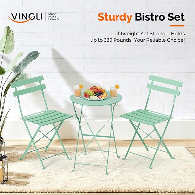 VINGLI Outdoor Folding Bistro Table and Chairs Set of 2, 3-Piece Bistro Set - Image 3