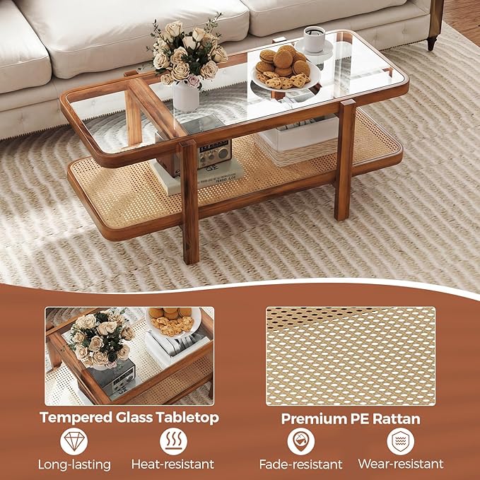 Giantex Rattan Coffee Table, 47.5" Rectangle Solid Wood Tea Table w/Tempered - Image 5