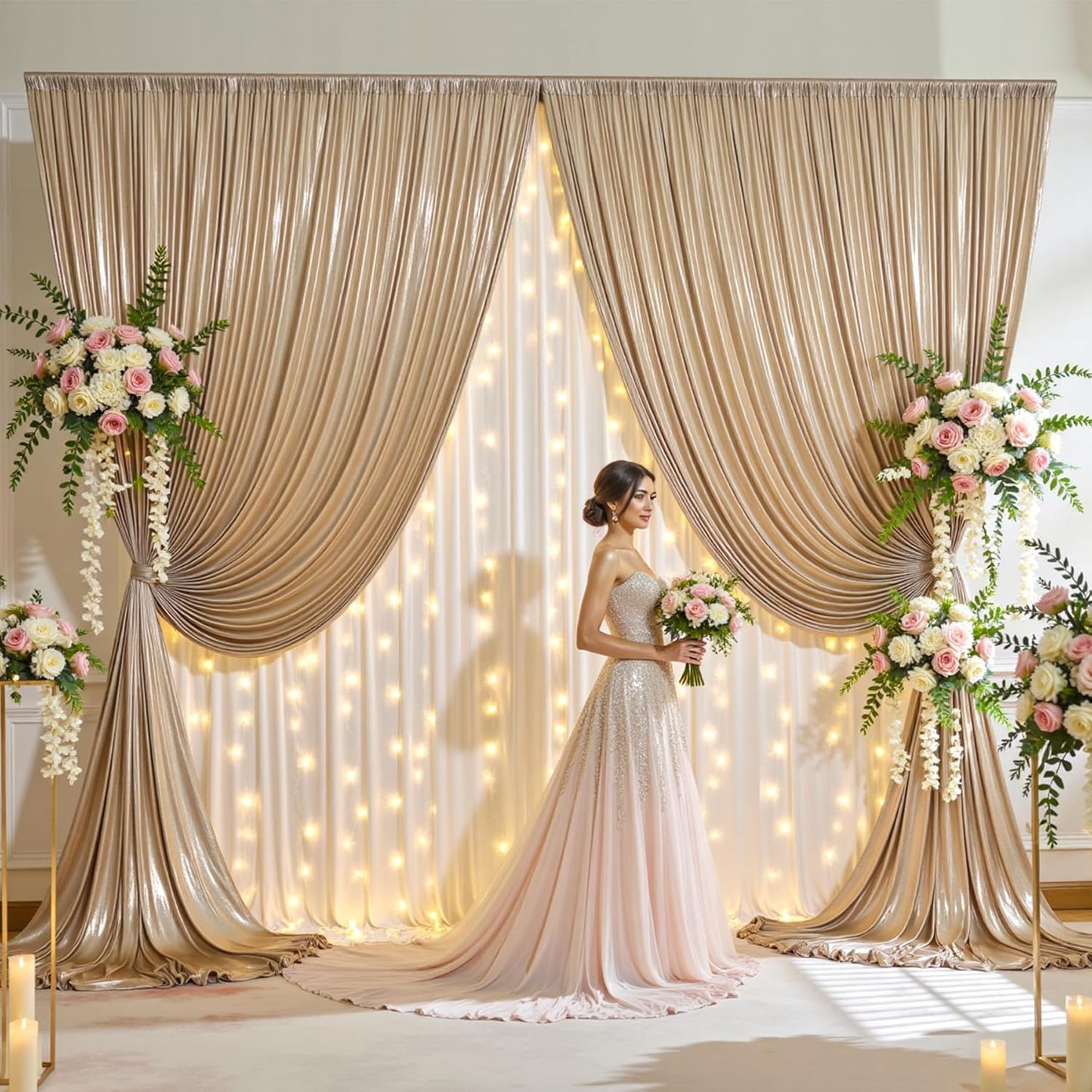 gogoparti 20x10FT Champagne Gold Sequin Backdrop Curtain - 4 Panels of 5x10FT Wrinkle-Free Glitter Drapes for Photography, Birthdays, Weddings & Graduations