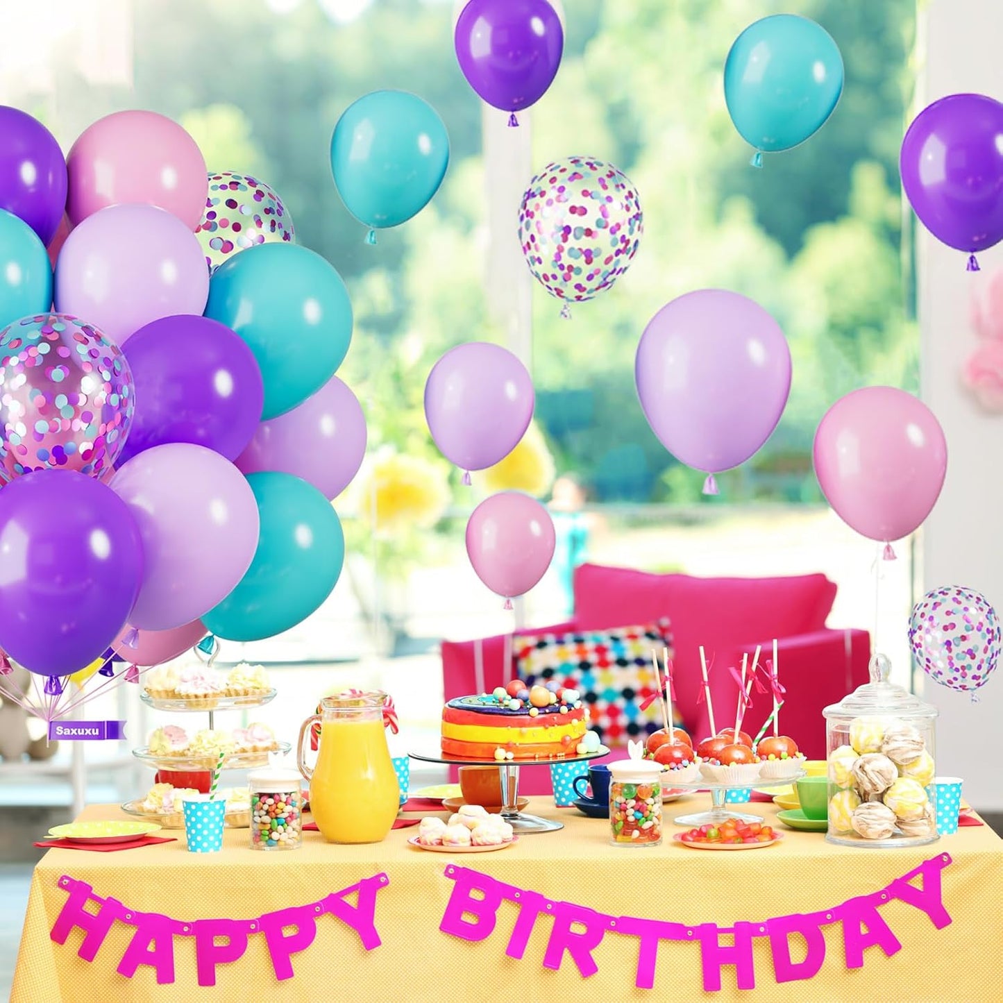 Mermaid Balloons, 12 Inch Blue Pink and Purple Balloons, Pastel Pink Latex Helium Balloons Teal Blue Purple Confetti Balloons for Girls Birthday Baby Shower Mermaid Princess Theme Decorations