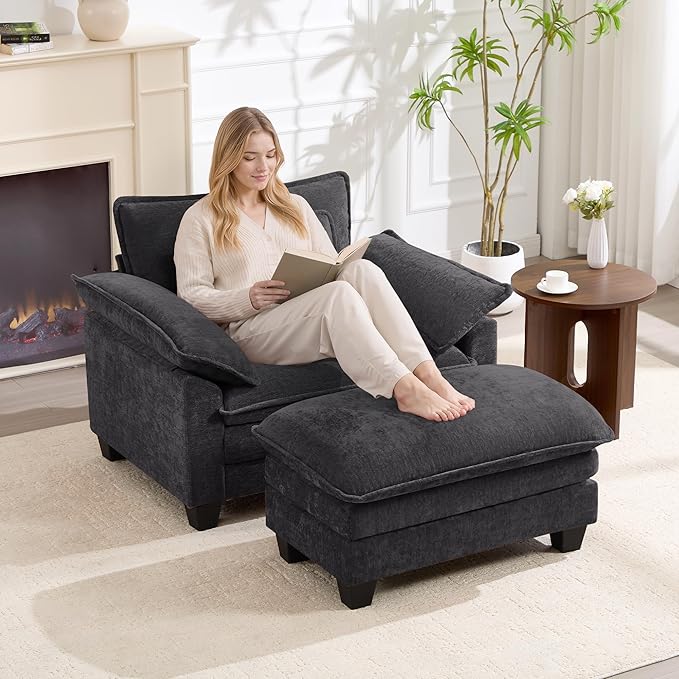 Oversized Accent Chair with Ottoman, Upholstered Armchair with Extra Thick - Image 4