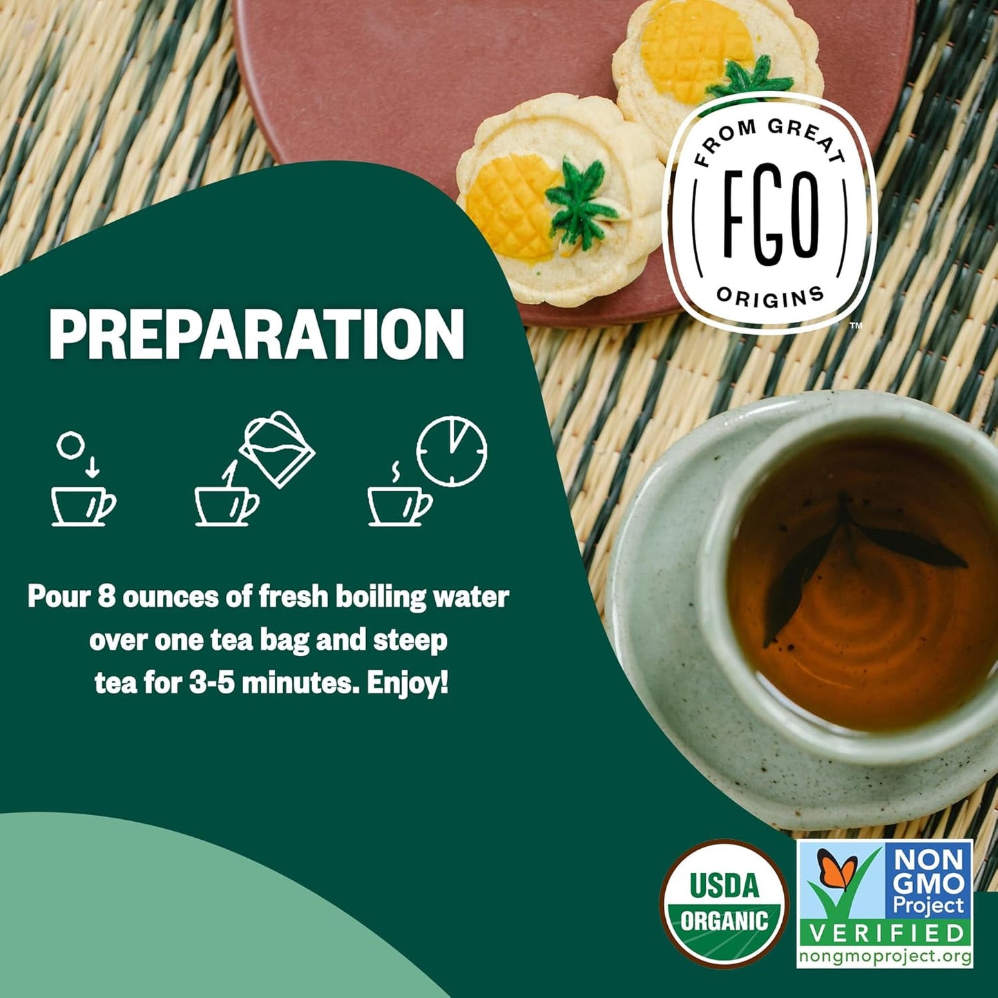 FGO Organic Moringa Mint Tea, 100 Count, Eco-Conscious Herbal Tea Bags, Resealable Bag, Caffeine Free, Packaging May Vary (Pack of 1)