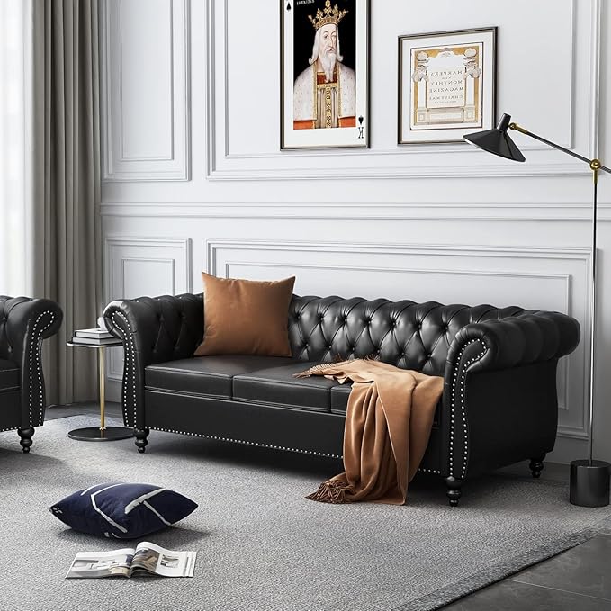 Mid-Century 3 Seater Sofa, Faux Leather Couch - Image 7