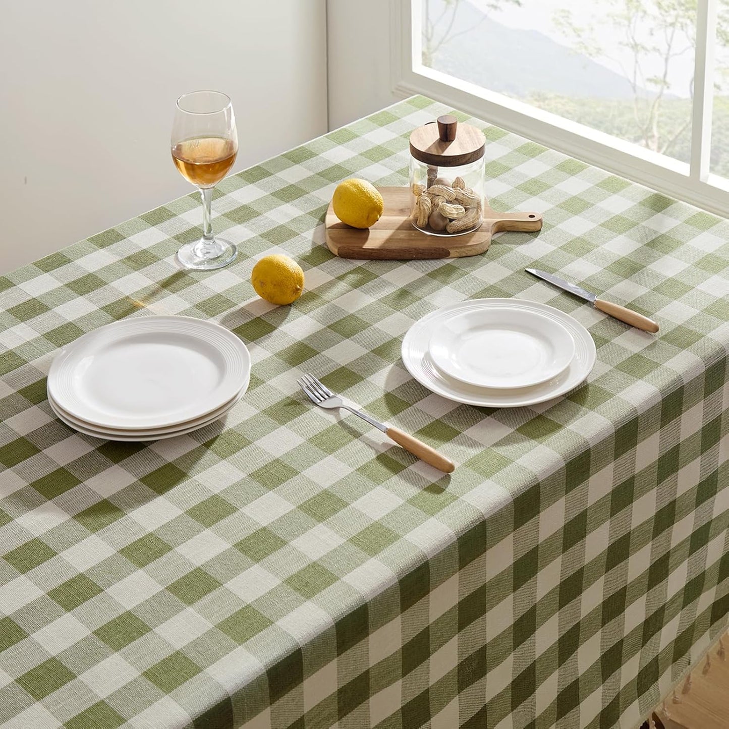 Softalker Checkered Tablecloth Rectangle, Heavy Weight Linen Gingham Christmas Table Cloth with Tassel, Washable Wrinkle Free Buffalo Plaid Table Cover for Dining/Party/Home - 55 x 84 Inch, Sage