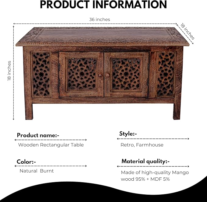 Hand-Carved Wooden Coffee Table – 36” x 18” Rectangular Mango Wood Center Table - Image 3