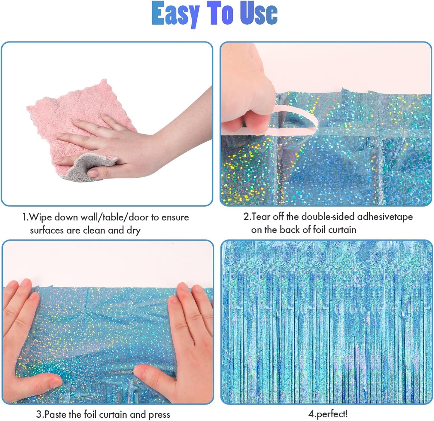 CANREVEL 2 Pack 3.3x8.2 Feet Light Blue Foil Fringe Backdrop Curtains, Glitter Tinsel Streamers Birthday Party Decorations, Fringe Backdrop for Baby Shower Mermaid Under The Sea Ocean Frozen Party